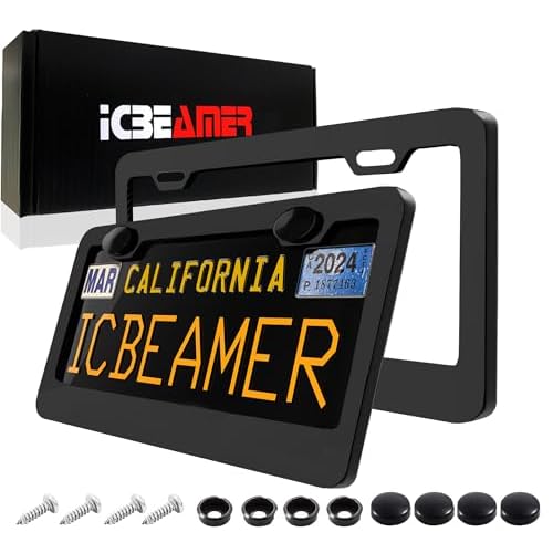 2 Pack Matte Black License Plate Frames | All-Metal Car Tag Frame Cover | Sleek Black License Plate Holder for Men | Durable Car Plate Frame | Porta Placas para Auto by ICBEAMER