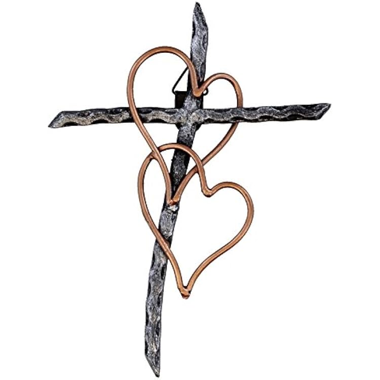 Old River Outdoors Entwined Hearts Decorative Welded Metal Wall Cross - Two Hearts Joined - 8 x 6