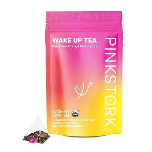 Pink Stork Wake Up Tea: Organic Citrus Black Tea with Natural Caffeine, Energy Tea with Ashwagandha, Red Raspberry Leaf, Vitamin C, and Orange Peel - 15 Sachets