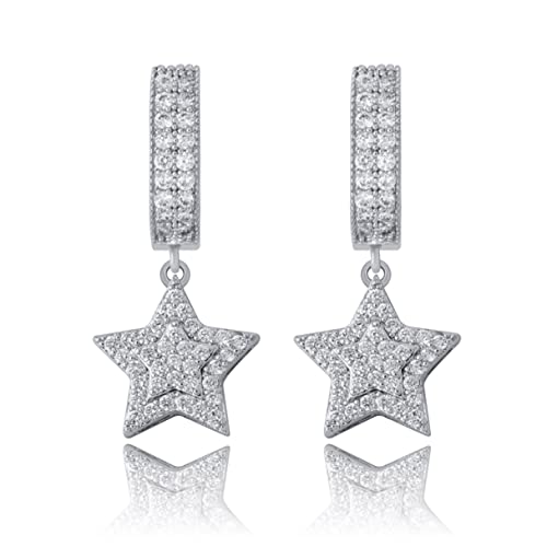TOPGRILLZ Iced Out Dangle Hoop Earrings 14K Golden Plated 5A Cubic Zirconia Star Pin Lock Key Cartilage Hoop Dangle Drop Earrings For Men Women