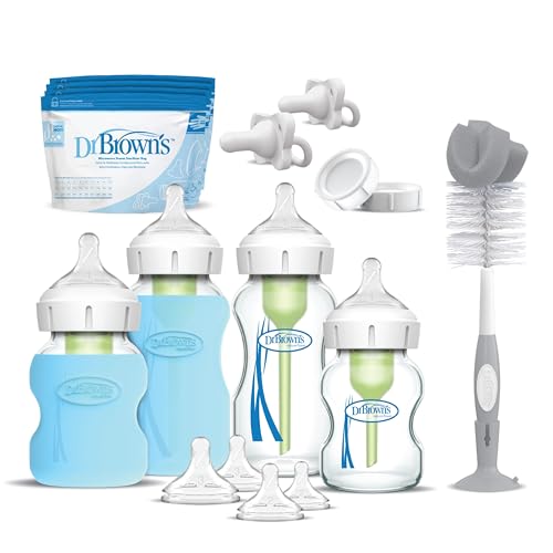 Dr. Browns Anti-Colic Options Wide-Neck Glass Baby Bottle Starter Set - Silicone Bottle Sleeves, Level 1, 2, 3 Nipples, HappyPacis, Storage Caps, Bottle Brush Packaging May Vary