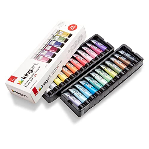 KINGART Metallic Acrylic Paint, Set of 24 Colors, 0.74 oz22 ml Tubes with Storage Box, Rich Pigments, Non Fading, Non Toxic Paints for Artist & Hobby Painters, Art Supplies for Canvas Painting