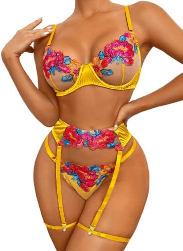 Kaei&Shi Lingerie Garter Set,Underwire Floral Embroidered Sheer Lace Lingerie,3 Piece Sexy Boudoir Outfits Valentines Day