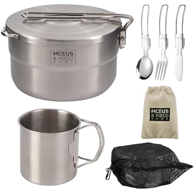 Compact Camping Pot Backpack Mess kit, 188 Stainless Steel Camping Pot and Pan Cooking Set, Lightweight Camping Cup, with Folding Camping Silverware Set for Outdoor Camping Hiking Picnic