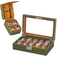 ROTHWELL Gift Set 10 Slot Leather Watch Box & Matching 5 Watch Travel Case - Luxury Case Display Organizer, Locking Mens Jewelry Watches Holder, Men's Storage Boxes Glass Top Green/Tan