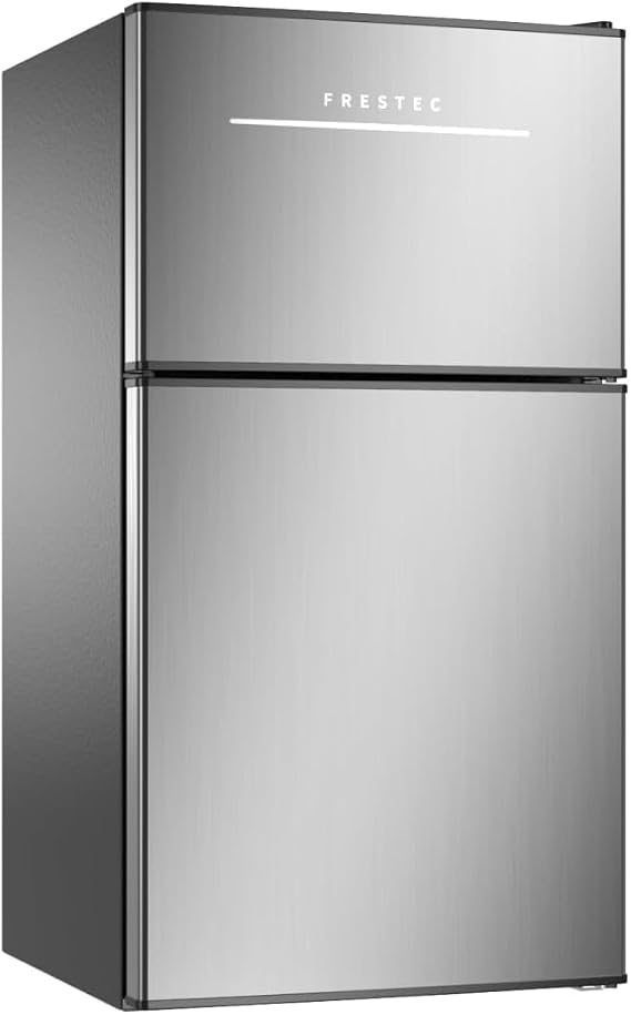 Mini Fridge with Freezer 3.2 Cu.Ft. 2 Door Refrigerator and Freezer Small Fridge for Bedroom Home Office Dorm, Small Drink Chiller, 37 dB Low Noise, Stainless Steel