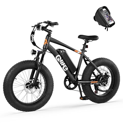 Qlife Racer Fat tire Electric Bike for Adults - 28MPH Mountain Ebike with Peak 1200W Brushless Motor, 499Wh Removable Battery, 20X4.0 Tire Step Over E-MTB with 7-Speed Black with Phone Bag