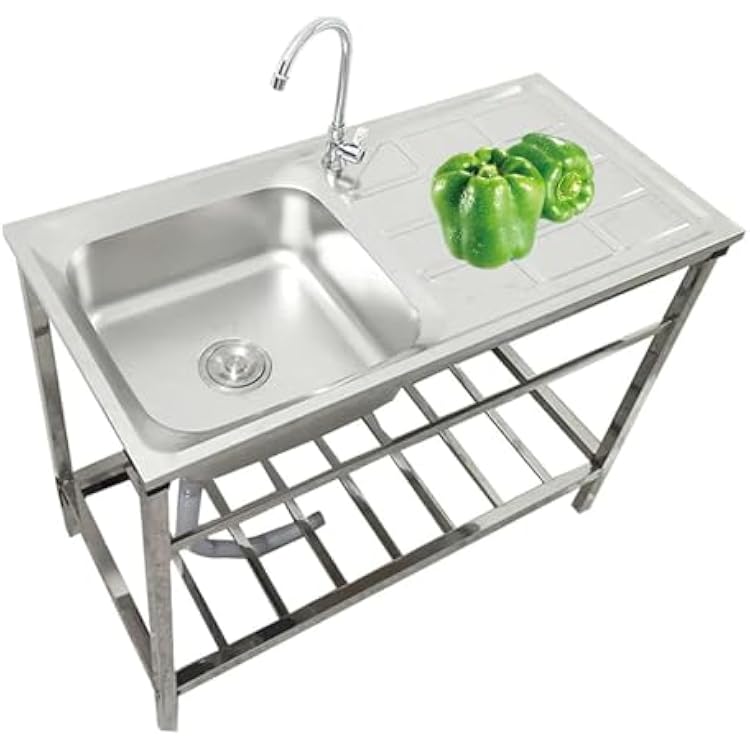 Stainless Steel Utility Kitchen Sink Laundry Sink With Cabinet Portable Evier Cuisine Outdoor Washing Hand Basin Station Sink Garage Freestanding Single Bowl Sink with Hot&Cold Faucet  Color : Double