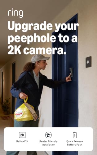 Ring Peephole Cam 2K (Newest Model), replaces physical peephole viewing with Retinal 2K and wide-angle video, renter-friendly installation, Speckled Gray