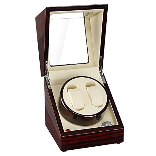 Dual Watch Winder for Double Automatic Watches Wooden Box Blue Back Light with Piano Finish Mabuchi Quiet Motor