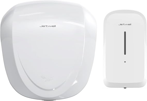 JETWELL UL Approved High Speed Hand Dryer and Wall Mount Automatic Hand Soap Dispenser, White Stainless Steel HEPA Filter Commercial Hand Blower and White ABS Hand Soap Dispenser