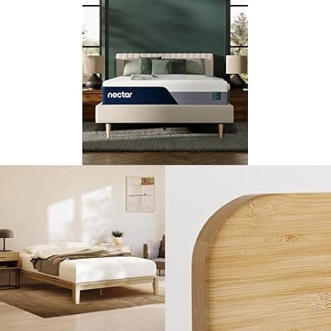 Nectar Twin XL Bamboo Platform Bed Frame, Headboard & 13 Mattress - Easy Tool Free Set Up - Contemporary and Durable - Sturdy Wooden Slats for Support - Holds Up To 800 Pounds