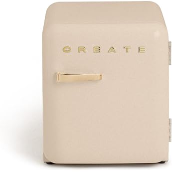 CREATE Retro Fridge 50 Gold Fridge in Sand Gold Handle / 85 W Mini Bar One Shelf Retro Design 50 cm Two Shelves 48L Capacity Energy Saving 50 x 44 x 49.8 cm [Energy Class F]
