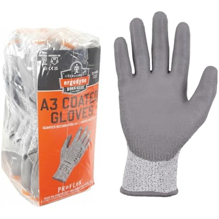Ergodyne ProFlex 7030 Cut Resistant Work Gloves, ANSI A3, PU Coated Palms for Flexible No Slip Grip, Abrasion Resistant, 13g, 12-Pairs