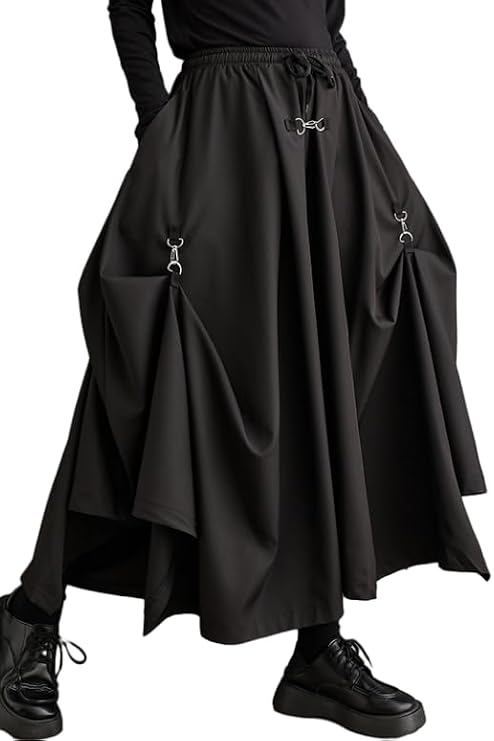ellazhu Women's Oversized Irregular Drop Crotch Harem Hakama Pleated Drawstring Pants GZ116 A