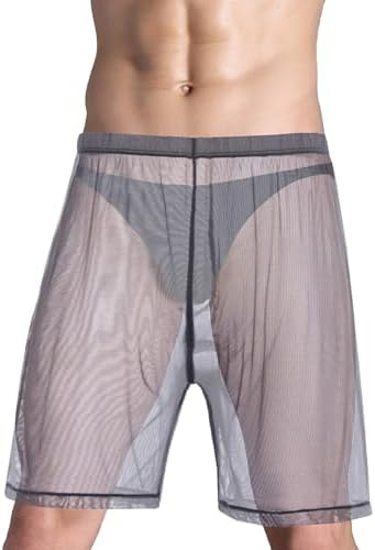 JINSHI Mens Mesh See Through Boxer Shorts Sexy Sheer Long Boxers Briefs Transparent Shorts Loose Lounge Sleepwear Underpants