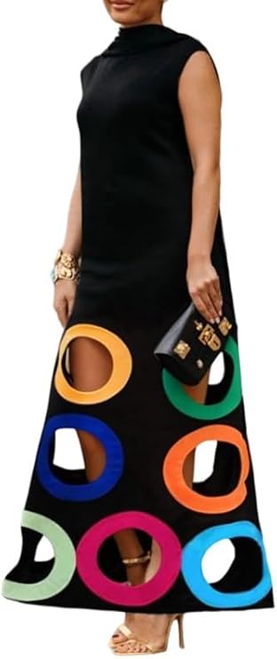 UOOZEE Womens 2025 Summer Maxi Dress Sleeveless Colorful Hollow Out A Line Long Flowy High Neck Dresses