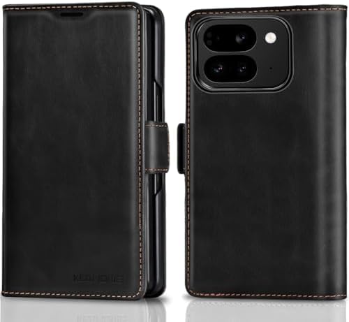 KEZiHOME Case for Google Pixel 10 Pro Fold, Genuine Leather Wallet Case with Card Slot[RFID Blocking] Kickstand Magnetic Filio Protective Phone case for Pixel 10 Pro Fold Black