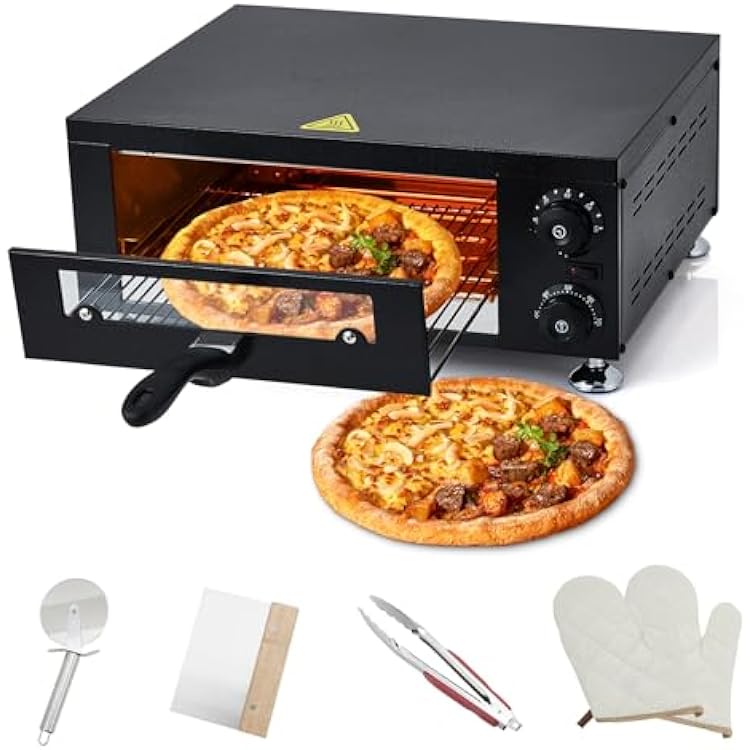 Electric Pizza Oven with Glass Door, KOKEBREN12 Countertop Pizza Oven with 60 Minutes Timer, Pizza Maker Machine for Home and Commercial with Gloves, Clip & Pizza Roller