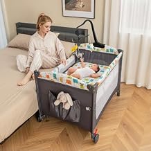 HONEY JOY Baby Bedside Sleeper, 6-in-1 Pack and Play w/Infant Bassinet, Diaper Changing Table & Portable Play Yard w/Zippered Door, 4 Adjustable Heights, Music Box & Side Storage Bag, Carry Bag(Gray)