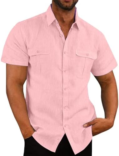 Cotton Linen Short Sleeve Shirts Men Fashion Vacation Double Pockets Casual Lapel Button Down Shirts Comfy Summer Top