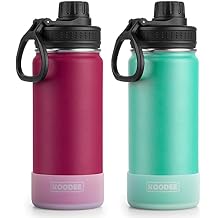 koodee 18 oz Water Bottle 2 Pack Stainless Steel Vacuum Insulated Sports Water Bottle with Leakproof Spout Lid, BPA Free (Fuchsia Red-Teal)