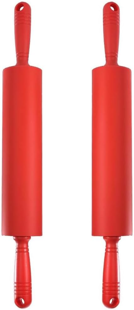 Silicone Rolling Pin (2-Pack), Classic Red Dough Roller for Fondant, Pie Crust, Cookie and Pastry, Essential Kitchen Baking Utensil Rolling Pin with Non-Stick Surface Handle (20-Inches)