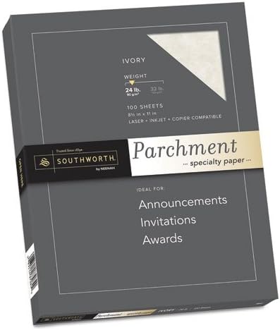Southworth Products,Southworth,Fine Parchment Paper, 24 lbs., 8-1/2x11, Ivory, 100/Pack,Sold As 1 Pack, inkjet and copier .,Watermarked and date coded.