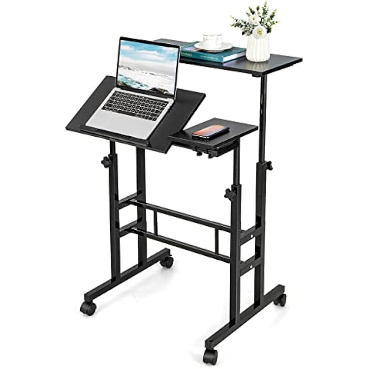 Tangkula Mobile Stand Up Desk, Height Adjustable Home Office Desk with Standing & Seating 2 Modes, Tilting Tabletop & Flexible Wheels, Rolling Laptop Cart Sit Stand Desk Black
