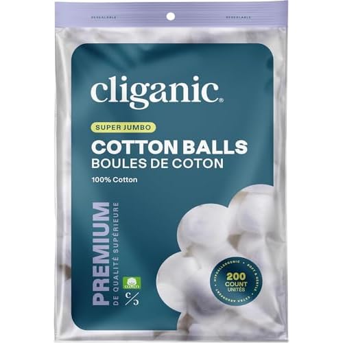 Cliganic Super Jumbo Cotton Balls 200 Count - Hypoallergenic, Absorbent, Large Size, 100% Pure