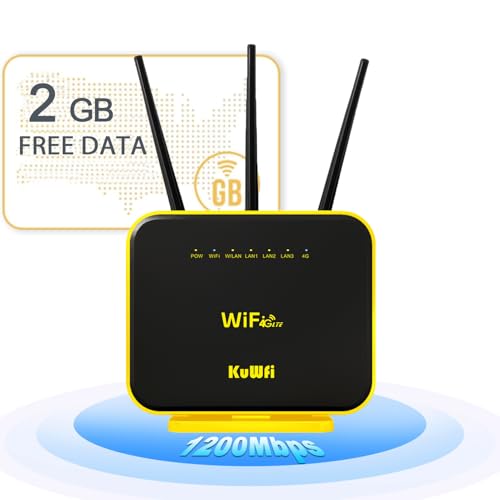 KuWFi Hotspot 4G LTE No SIM Card Router 1200Mbps Dual Band Gigabit WiFi External Antenna with US 2GB Data vSIM Router Offer high-Speed Data Plans to accommodate RV orRural No Contract Plug and Play