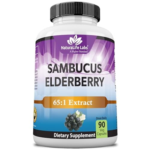 NaturaLife Labs Sambucus Elderberry 77 mg Elderberry Extract 65:1 with Vitamin C & Zinc per Capsule 90 Count Vegan, Gluten-Free, Non-GMO