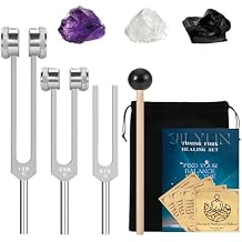 Tuning Forks for Healing Set (128Hz, 256Hz, 512Hz), Weighted & Unweighted Tuning Forks for Sound Healing with a Rubber Mallet and 3 Crystals, Healing Gifts for Women & Men