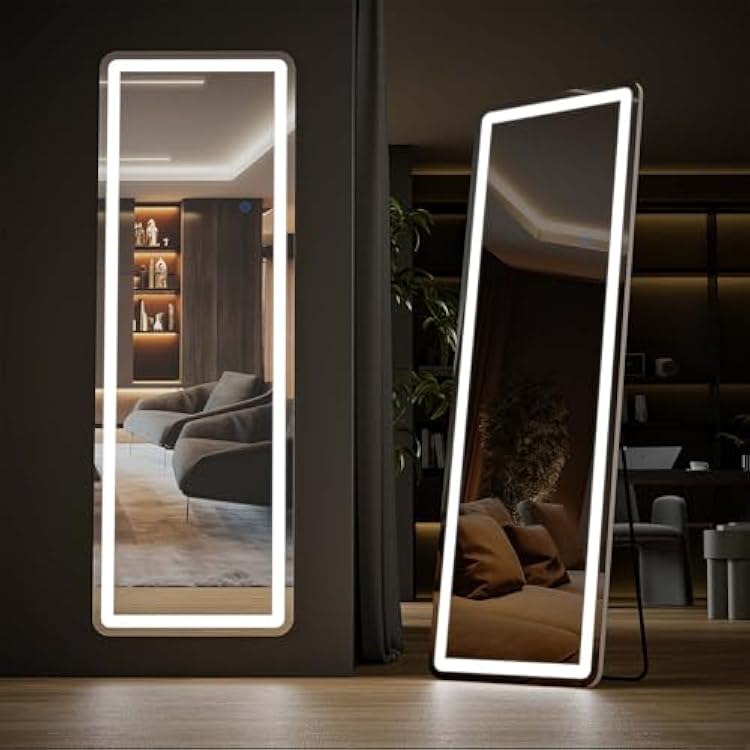 64x21 Mirror Full Length Standing Mirror with LED Lights, Lighted Floor Mirror with Stand, Dimming & 3 Color Lighting, Wall Mounted Large Floor Mirrors for Bedroom, Cloakroom, Living Room, White