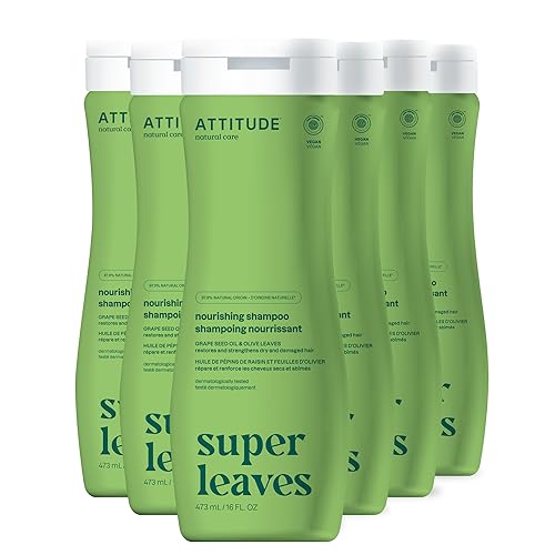 ATTITUDE Nourishing Hair Shampoo, EWG Verified, For Dry and Damaged Hair, Naturally Derived Ingredients, Vegan and Plant Based, Grapeseed Oil and Olive Leaves, 16 Fl Oz Pack of 6