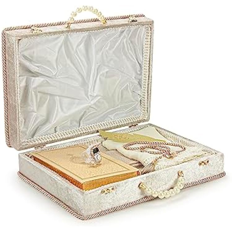 ihvan online Muslim Prayer Rug Set, Islamic Dowry Gift Box for Men & Women, Shawl, Kufi Hat, Digital Beads Counter, Quran Gift, Elegant Islamic Gifts Set for Ramadan & Eid & Wedding, Beige