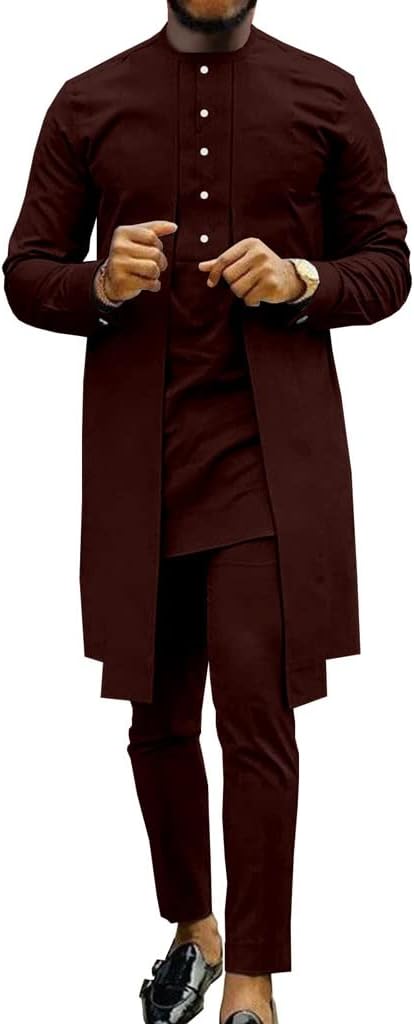 Men's African 2 Piece Set Shirt and Pants Traditional Ethnic Suit Long Sleeve Coat Dashiki Outfits Party Clothing (Color : Brown, Size : Medium)