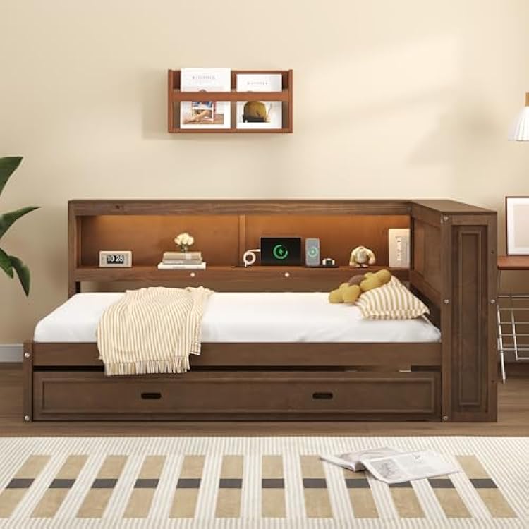 Full Size Wood Daybed with Storage Shelves, USB, LED, and Trundle, Full Size Daybed Sofa Bed for Bedroom Living Room Wood