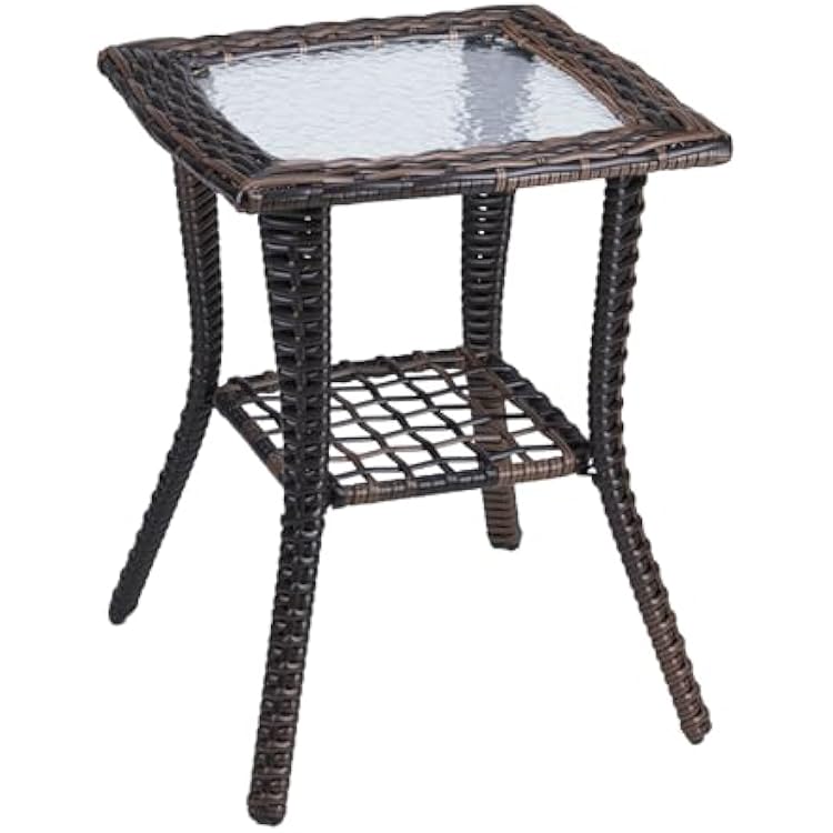 VINGLI Outdoor Side Table with Storage Wicker Patio Side Table, Tempered Glass Top End Table for Balcony Porch Deck Brown