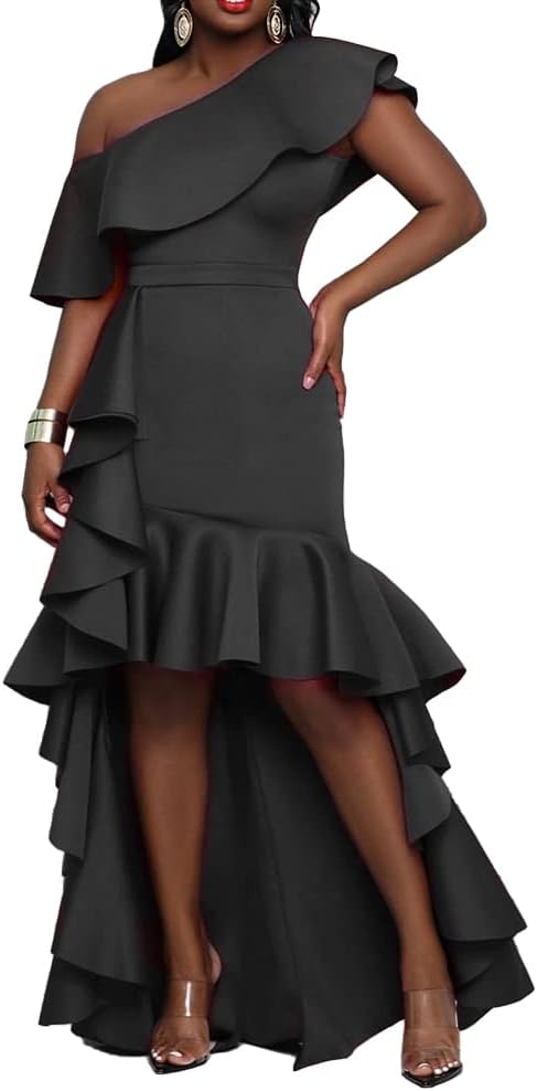 Asymmetric One Shoulder Falbala Mermaid Dress Sleeveless Women's Maxi Dress Ruffle Dress