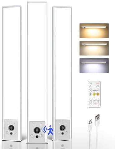 EZVALO 3-Pack Under Cabinet Lighting, 3300mAh Rechargeable Motion Sensor Light, 12inch Magnetic Closet Lights with Dimmable & 3 Color Temps, Wireless Motion Activated Lights with Remote for Kitchen