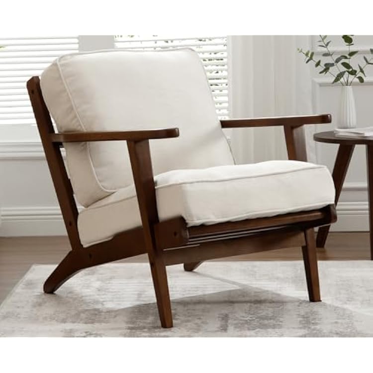 Kmax Mid Century Accent Chair Linen Fabric Reading Chair with Solid Wood Frame &amp;amp; Removable Cushions Living Room Bedroom Comfy Leisure Chair, Beige