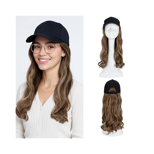 SEGO Hat Wig, Hat with Hair Attached for Women Black Baseball Cap with Hair Extensions, Long Wavy Baseball Cap Wig Adjustable Hats for Daily Party 16 Inch #12P24 Light Brown Mix Blonde