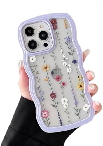 ZTOFERA Floral Case for iPhone 16 Pro 6.3 inch,Cute Curly Wave Frame Shape Case with Branch Flower Pattern for Women Girls, Clear Slim Shockproof Phone Cover for iPhone 16 Pro, Purple