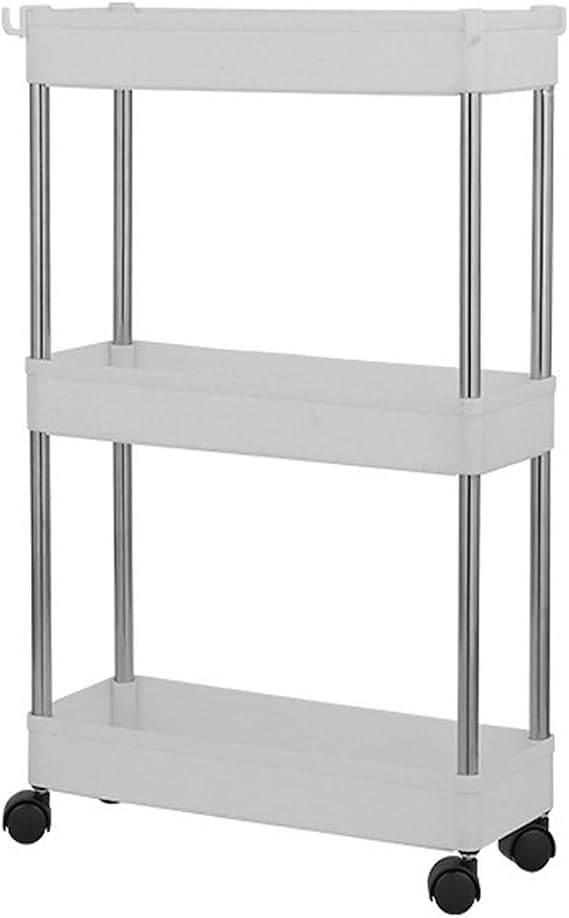Storage Trolley Storage Shelving Organizer with Lockable Wheels Slide-out Slim Rolling Multifunctional Cart Mobile Plastic Storage Cart Space-Saving for Kitchen Bathroom Office (3-Tier,Armless) 