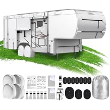 Mofeez 5th Wheel RV Cover 26-29ft, 420D Oxford Fabric Fifth Wheel Cover, Rip-Stop Anti-UV Waterproof Windproof Camper Cover with 3Pcs Extra Straps, 6 Gutter Covers & 4 Tire Covers