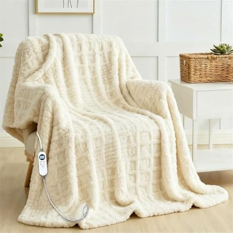 Heated Blanket Electric Throw, 50X60 Waffle Heating Blanket with 12 Heat Levels, Fast Heating Blanket with 1-12 Timer Settings, Overheat Protection with ETL & FCC for Home Office Sofa Milky White