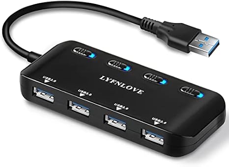 Multi USB Port Expander, LYFNLOVE Ultra Slim USB Hub 3.0, 4-Ports USB Splitter High-Speed USB Data Hub with Individual On/Off Power Switches for Laptop, Computer, PC, Thumb Driver and More