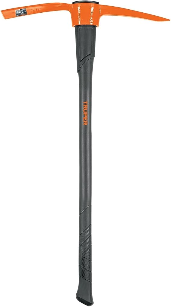 Truper 5 lb Pick Mattock, 36-Inch Heavy-Duty Fiberglass Handle with Shock-Absorbing Grip, Forged Steel Dual-Head Digging and Breaking Tool (Model TP-5M / 18647)