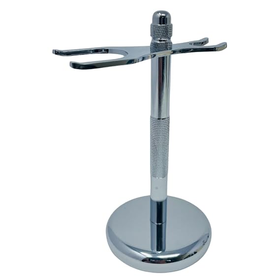 G.B.S Chrome Brush and Razor Stand - Textured Chrome Shaving Stand, Stylish and Unbreakable Stand Best for Your Bathroom Everyday Grooming, Fits Most 3 and 5 Blade Razors Double Edge Safety Razors and Shaving Brush Stand